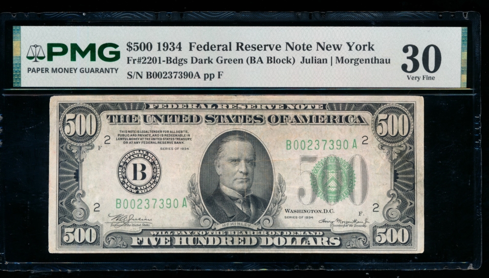 Fr. 2201-B 1934 $500  Federal Reserve Note New York PMG 30 B00237390A