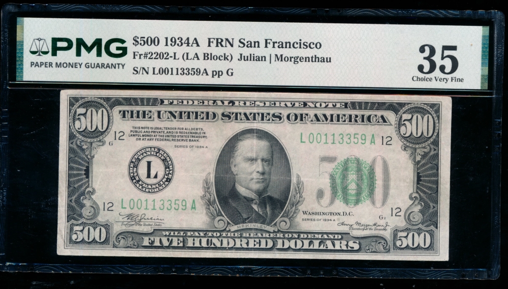 Fr. 2202-L 1934A $500  Federal Reserve Note San Francisco PMG 35 L00113359A
