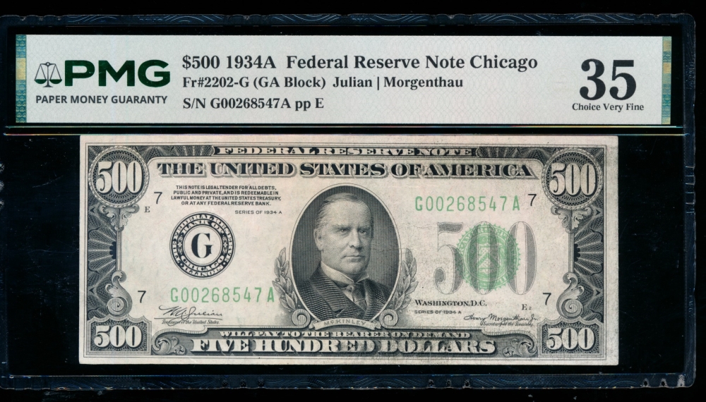Fr. 2202-G 1934A $500  Federal Reserve Note Chicago PMG 35 comment G00268547A