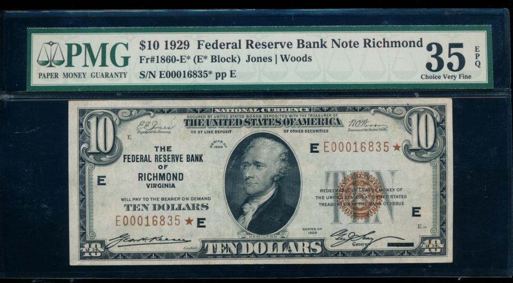 Fr. 1860-E 1929 $10  FRBN Richmond star PMG 35EPQ E00016835*
