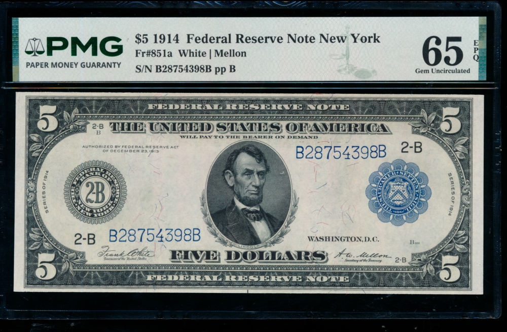 Fr. 851a 1914 $5  Federal Reserve Note New York PMG 65EPQ B28754398B