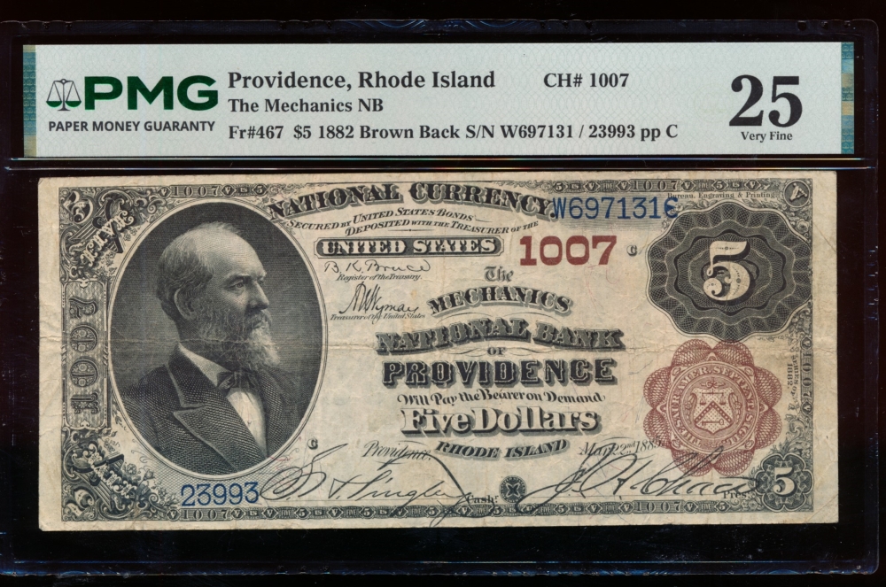 Fr. 467 1882 $5  National: Brown Back Ch #1007 The Mechanics National Bank of Providence, Rhode Island PMG 25 23993