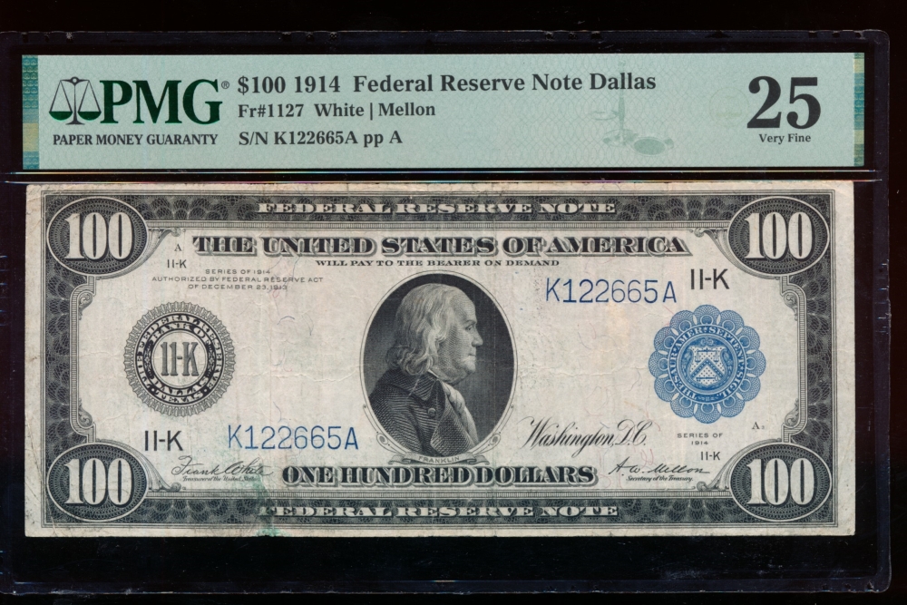 Fr. 1127 1914 $100  Federal Reserve Note Dallas PMG 25 K122665A