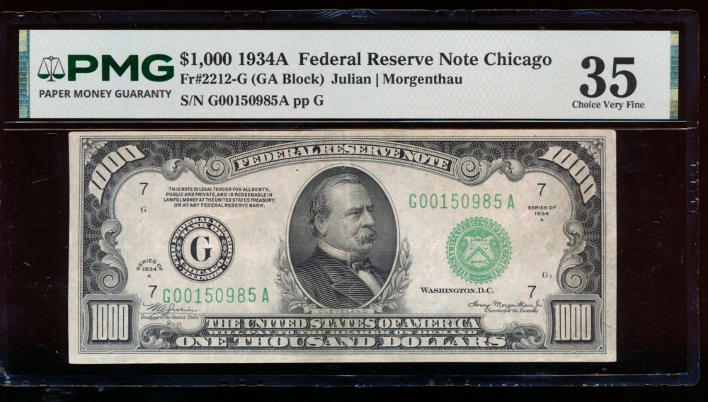 Fr. 2212-G 1934A $1,000  Federal Reserve Note Chicago PMG 35 comment G00150985A