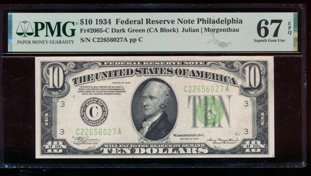 Fr. 2005-C 1934 $10  Federal Reserve Note Philadelphia PMG 67EPQ C22656027A