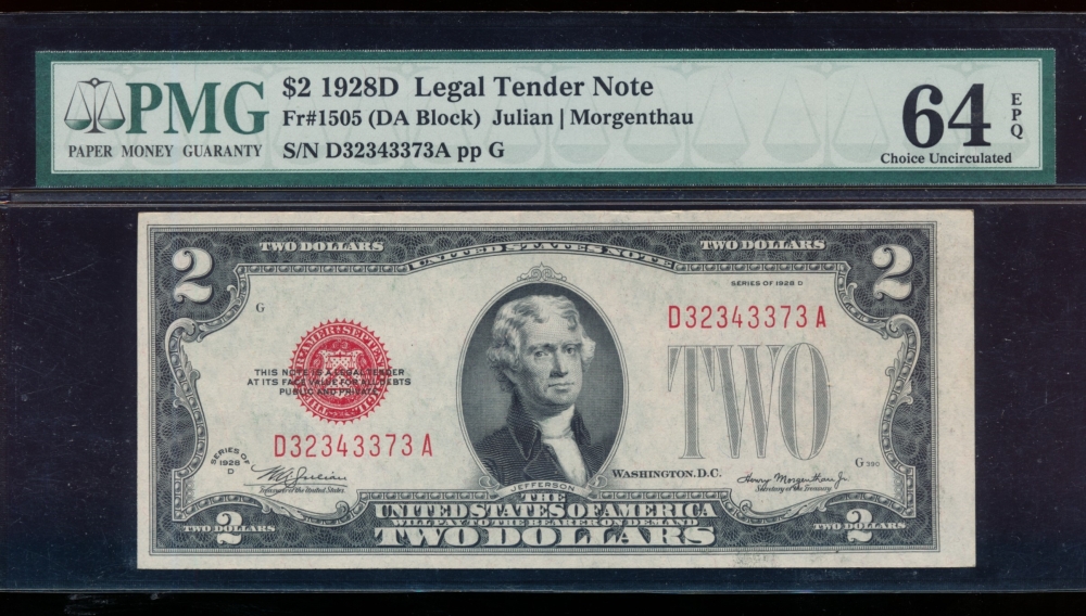 Fr. 1505 1928D $2  Legal Tender DA block PMG 64EPQ D32343373A