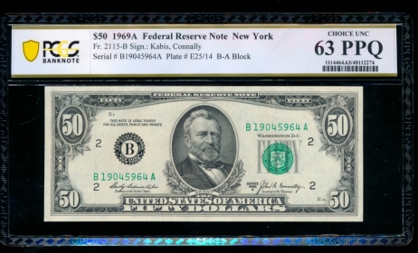 Fr. 2115-B 1969A $50  Federal Reserve Note New York PCGS 63PPQ B19045964A