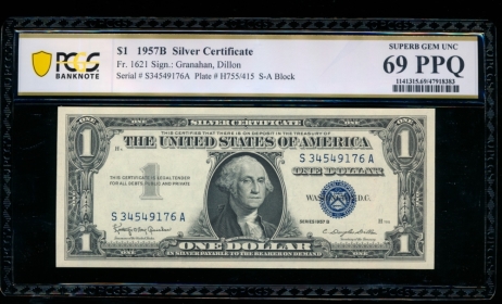 Fr. 1621 1957B $1  Silver Certificate SA block PCGS 69PPQ S34549176A