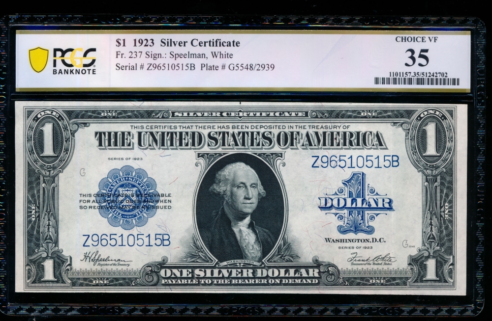 Fr. 237 1923 $1  Silver Certificate ZB block PCGS 35 Z96510515B