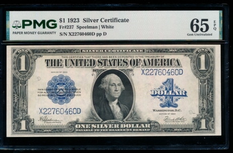 Fr. 237 1923 $1  Silver Certificate  PMG 65EPQ X22760460D