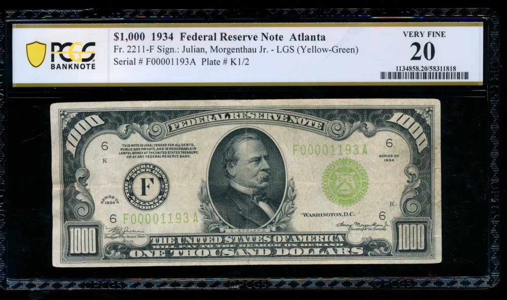 Fr. 2211-F 1934 $1,000  Federal Reserve Note Atlanta LGS PCGS 20 F00001193A