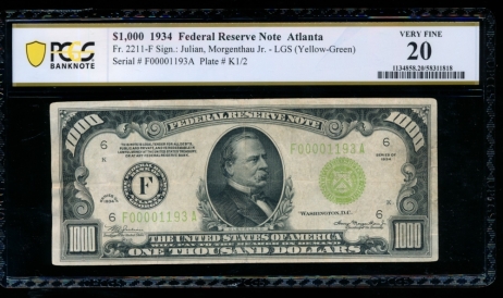Fr. 2211-F 1934 $1,000  Federal Reserve Note Atlanta LGS PCGS 20 F00001193A