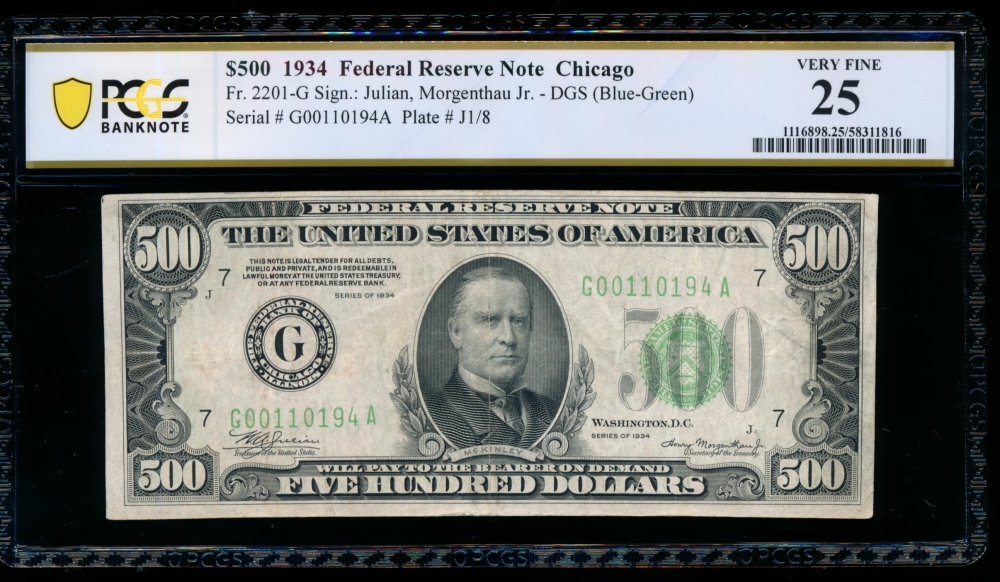Fr. 2201-G 1934 $500  Federal Reserve Note Chicago PCGS 25 G00110194A