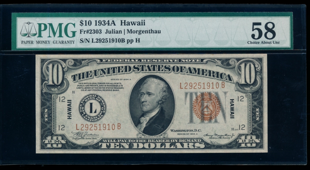 Fr. 2303 1934A $10  Hawaii  PMG 58 L29251910B