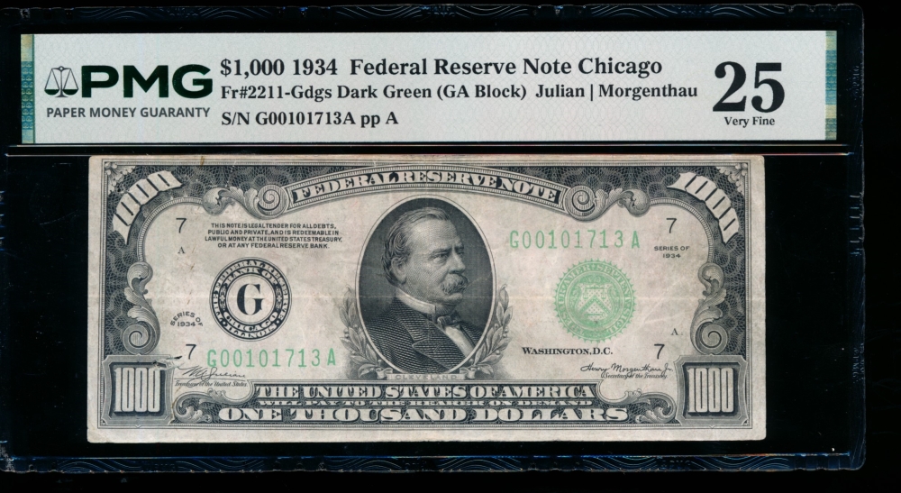 Fr. 2211-G 1934 $1,000  Federal Reserve Note Chicago PMG 25 comment G00101713A