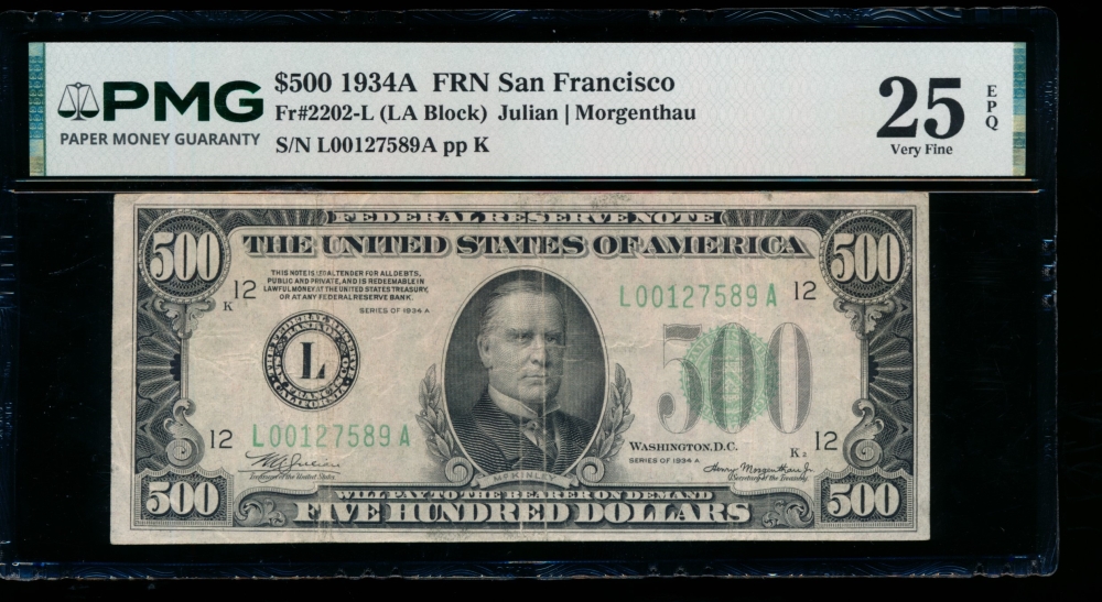 Fr. 2202-L 1934A $500  Federal Reserve Note San Francisco PMG 25EPQ L00127589A