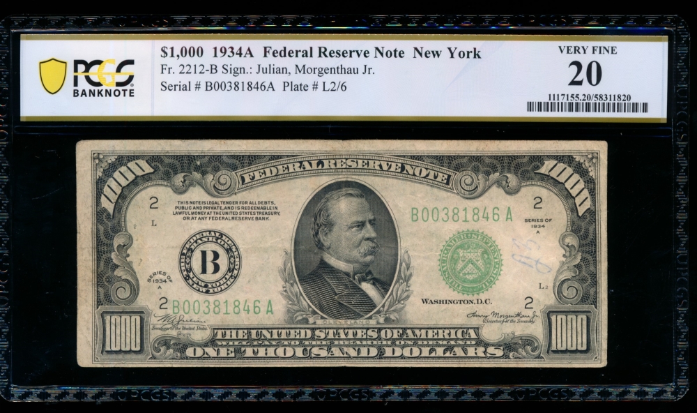 Fr. 2212-B 1934A $1,000  Federal Reserve Note New York PCGS 20 comment B00381846A
