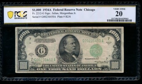 Fr. 2212-G 1934A $1,000  Federal Reserve Note Chicago PCGS 20 G00236450A