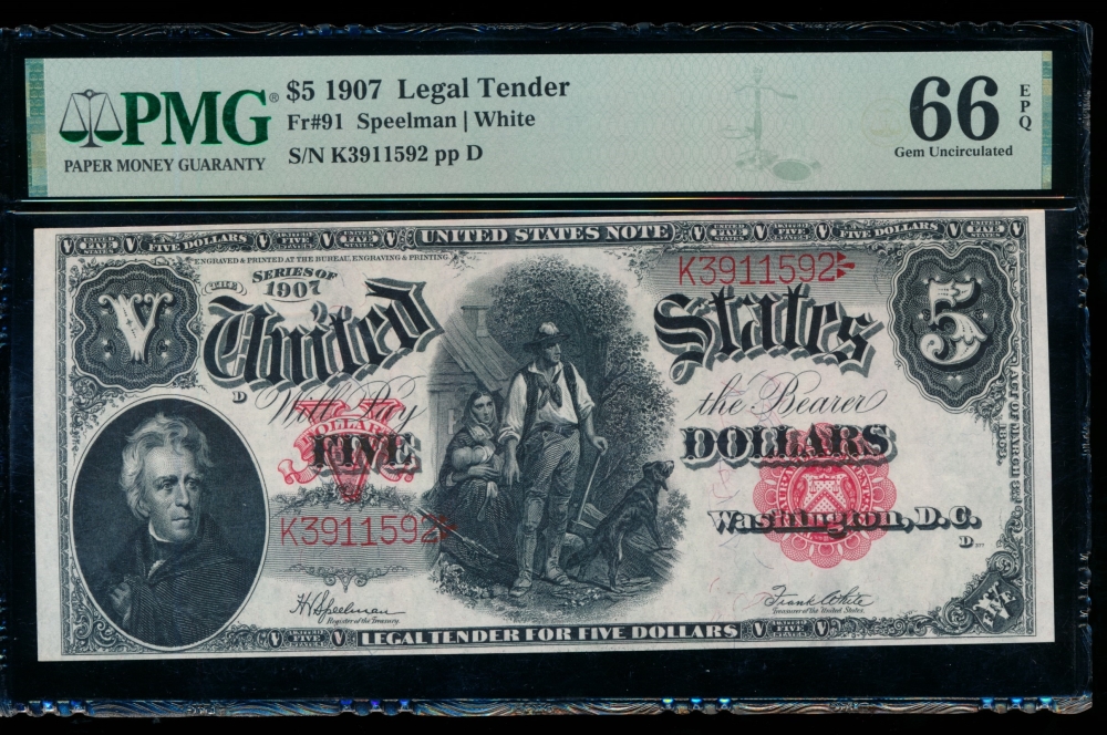 Fr. 91 1907 $5  Legal Tender  PMG 66EPQ K3911592