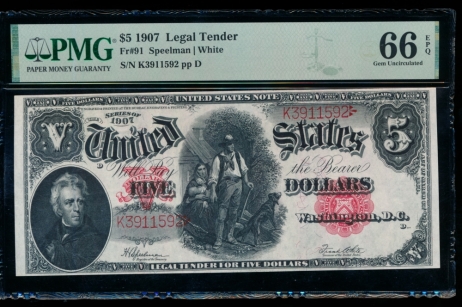 Fr. 91 1907 $5  Legal Tender  PMG 66EPQ K3911592