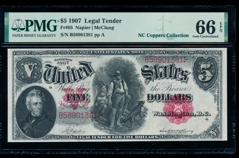 Fr. 85 1907 $5  Legal Tender  PMG 66EPQ B58901381