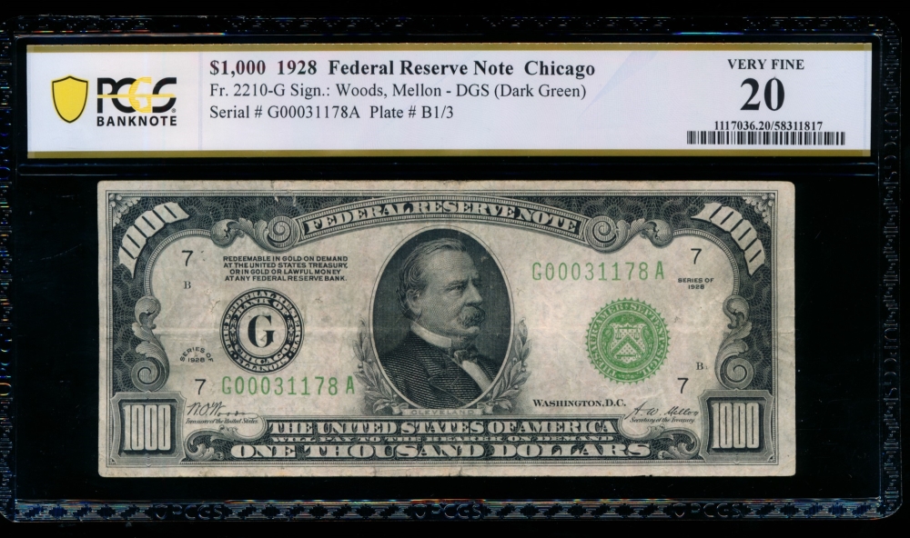 Fr. 2210-G 1928 $1,000  Federal Reserve Note Chicago PCGS 20 comment G00031178A