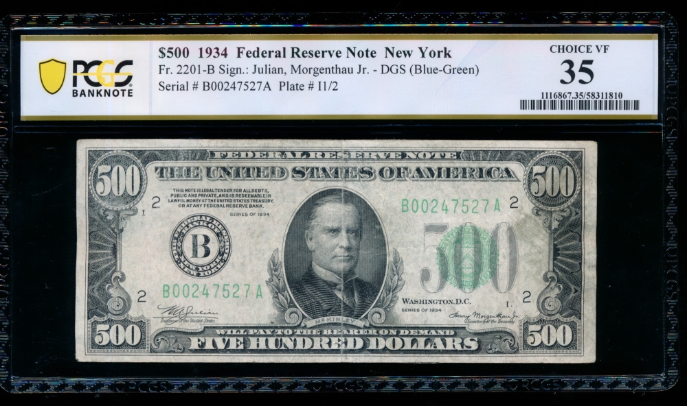 Fr. 2201-B 1934 $500  Federal Reserve Note New York PCGS 35 comment B00247527A