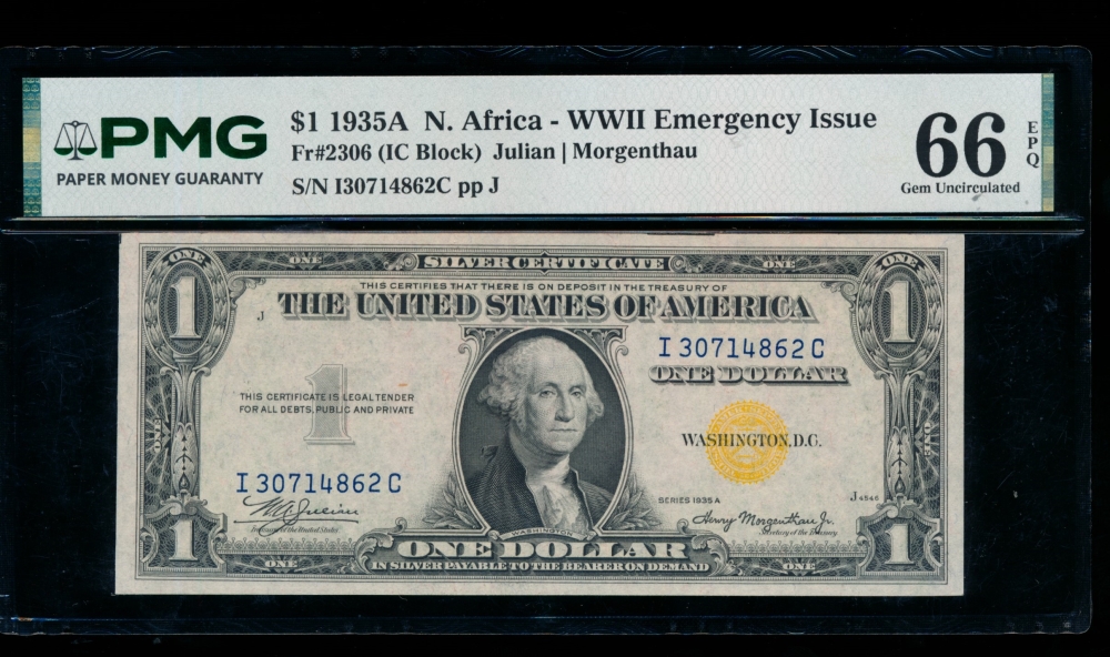 Fr. 2306 1935A $1  North Africa IC block PMG 66EPQ I30714862C
