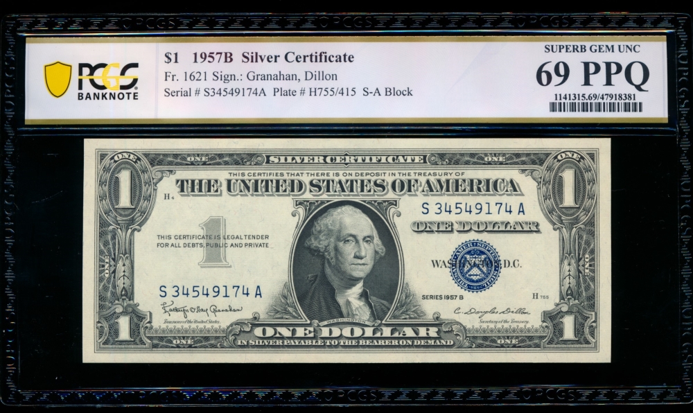 Fr. 1621 1957B $1  Silver Certificate SA block PCGS 69PPQ S34549174A