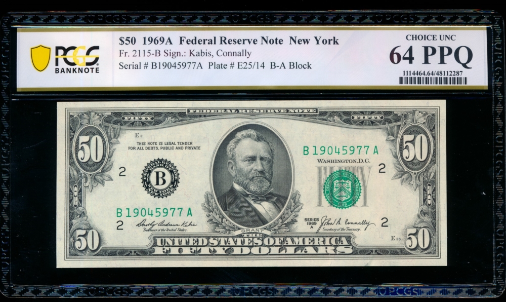Fr. 2115-B 1969A $50  Federal Reserve Note New York PCGS 64PPQ B19045977A