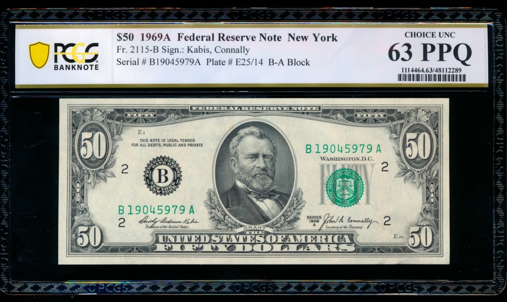 Fr. 2115-B 1969A $50  Federal Reserve Note New York PCGS 63PPQ B19045979A