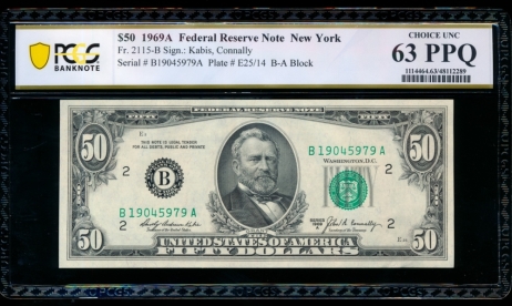 Fr. 2115-B 1969A $50  Federal Reserve Note New York PCGS 63PPQ B19045979A