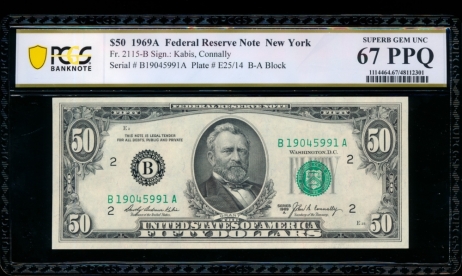 Fr. 2115-B 1969A $50  Federal Reserve Note New York PCGS 67PPQ B19045991A