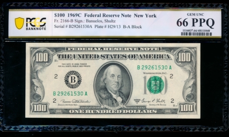 Fr. 2166-B 1969C $100  Federal Reserve Note New York PCGS 66PPQ B27261530A