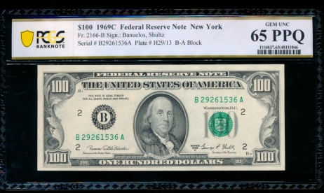 Fr. 2166-B 1969C $100  Federal Reserve Note New York PCGS 65PPQ B27261536A