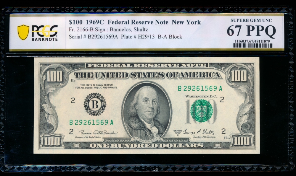Fr. 2166-B 1969C $100  Federal Reserve Note New York PCGS 67PPQ B27261569A