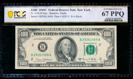 Fr. 2166-B 1969C $100  Federal Reserve Note New York PCGS 67PPQ B27261569A