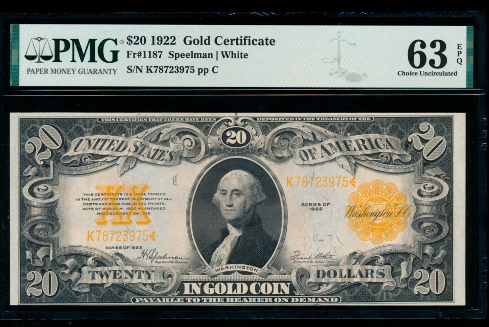 Fr. 1187 1922 $20  Gold Certificate  PMG 63EPQ K78723975
