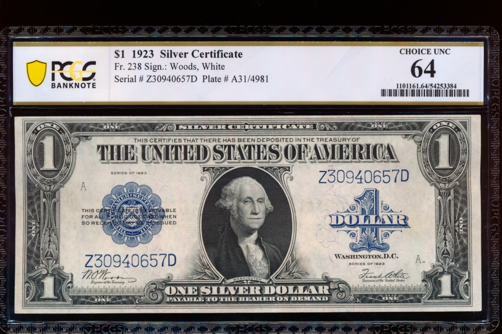 Fr. 238 1923 $1  Silver Certificate  PCGS 64 Z30940657D