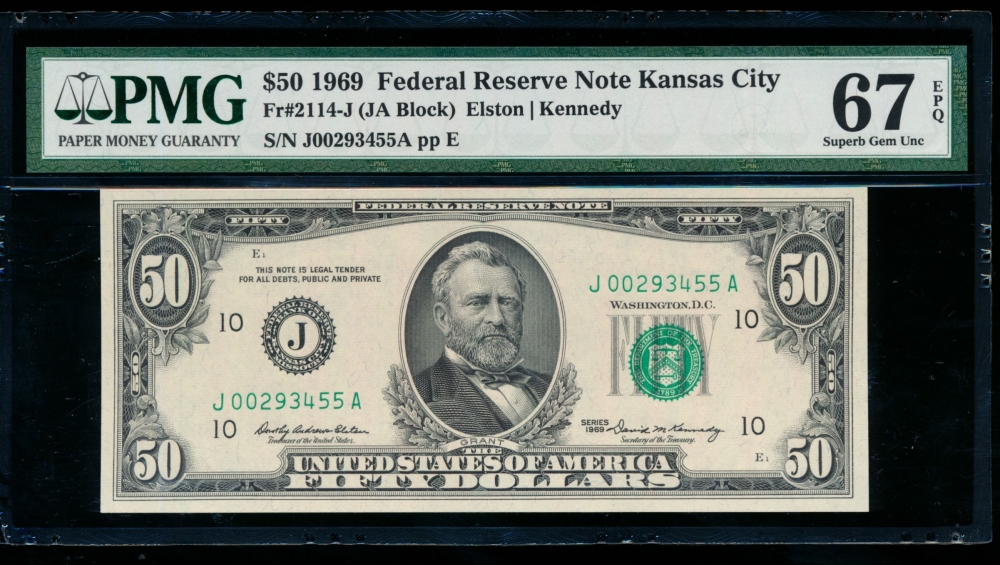 Fr. 2114-J 1969 $50  Federal Reserve Note Kansas City PMG 67EPQ J00293455A