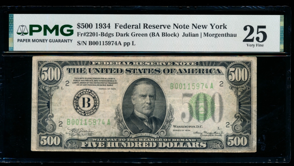 Fr. 2201-B 1934 $500  Federal Reserve Note New York PMG 25 comment B00115974A