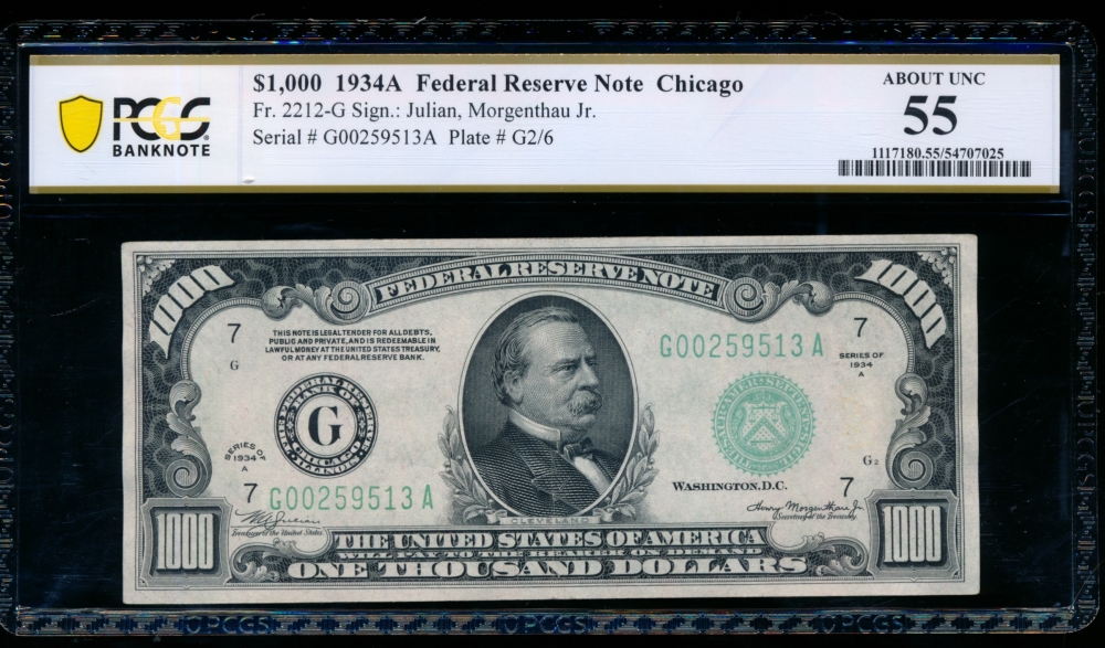 Fr. 2212-G 1934A $1,000  Federal Reserve Note Chicago PCGS 55 G00259513A