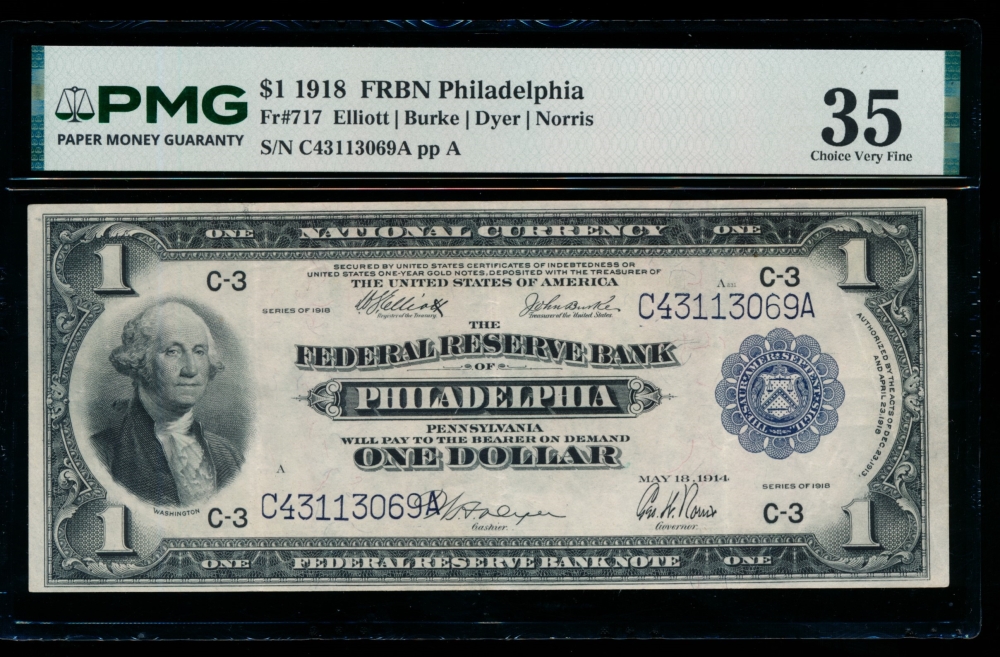 Fr. 717 1918 $1  FRBN Philadelphia PMG 35 C43113069A
