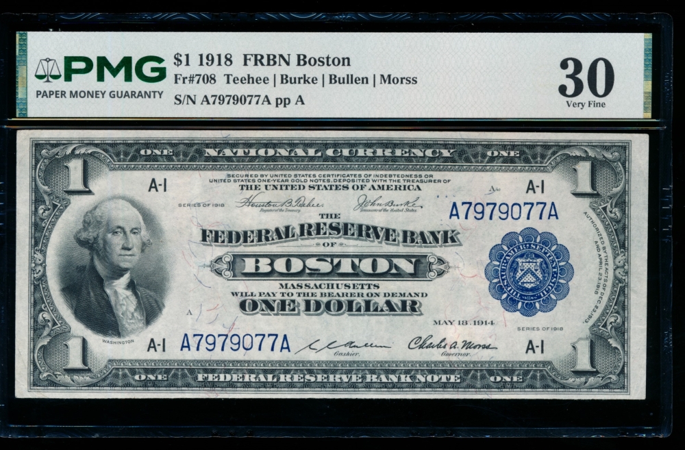 Fr. 708 1918 $1  FRBN Boston PMG 30 A7979077A