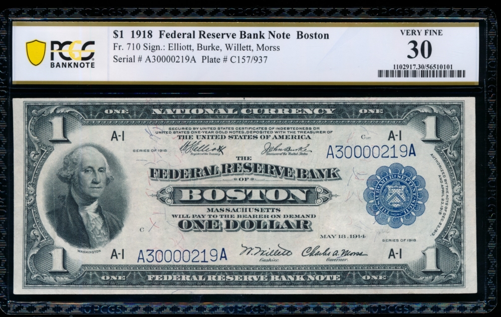Fr. 710 1918 $1  FRBN Boston PCGS 30 A30000219A