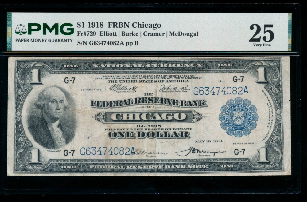Fr. 729 1918 $1  FRBN Chicago PMG 25 G63474082A