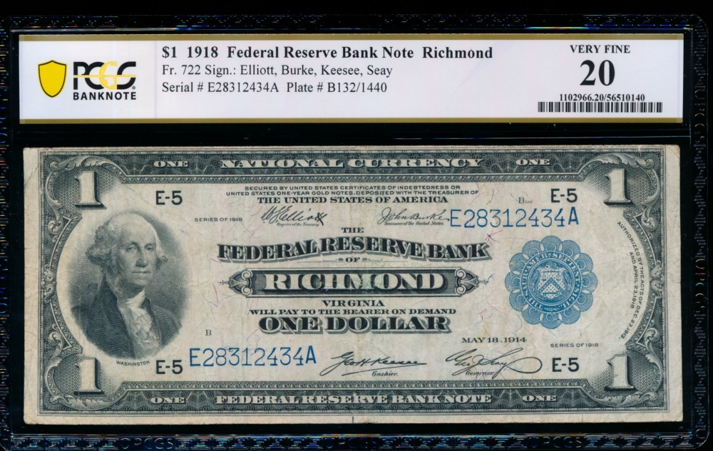 Fr. 722 1918 $1  FRBN Richmond PCGS 20 E29312434A