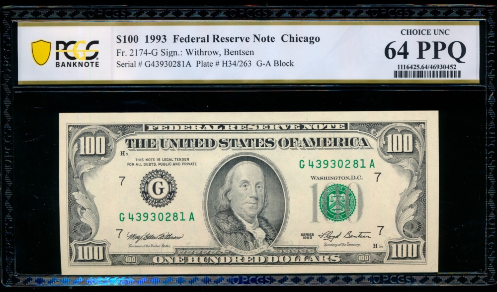 Fr. 2174-G 1993 $100  Federal Reserve Note Chicago PCGS 64PPQ G43930281A