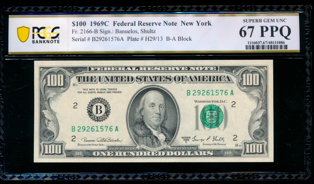 Fr. 2166-B 1969C $100  Federal Reserve Note New York PCGS 67PPQ B27261576A