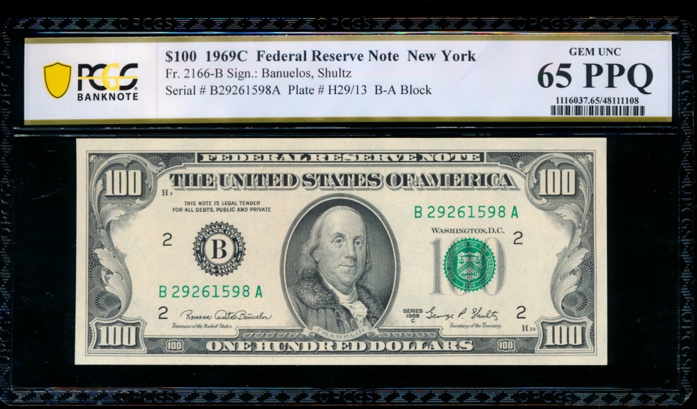 Fr. 2166-B 1969C $100  Federal Reserve Note New York PCGS 65PPQ B27261598A